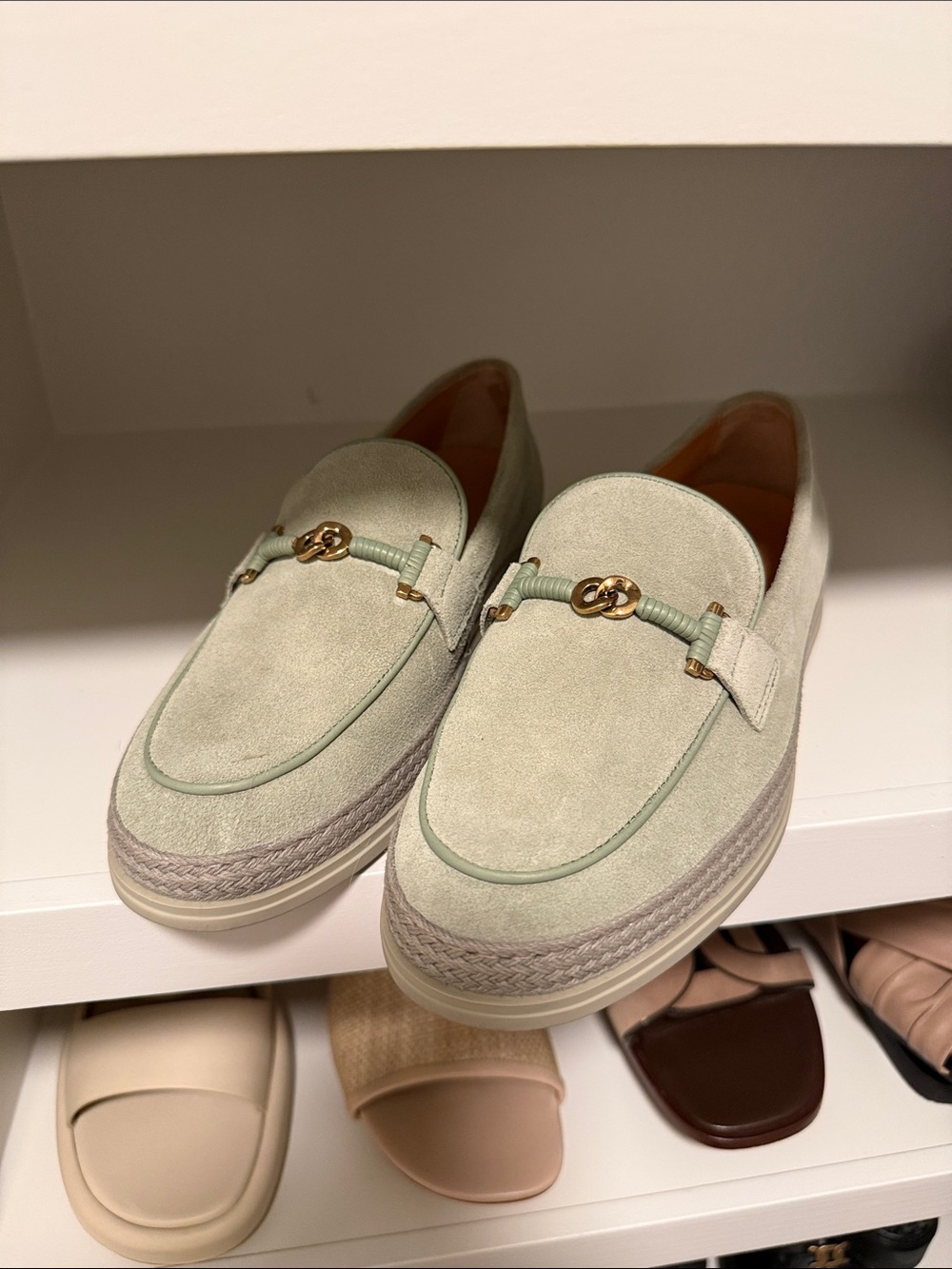 Tod's Mint Green Suede Loafers with Gold Hardware